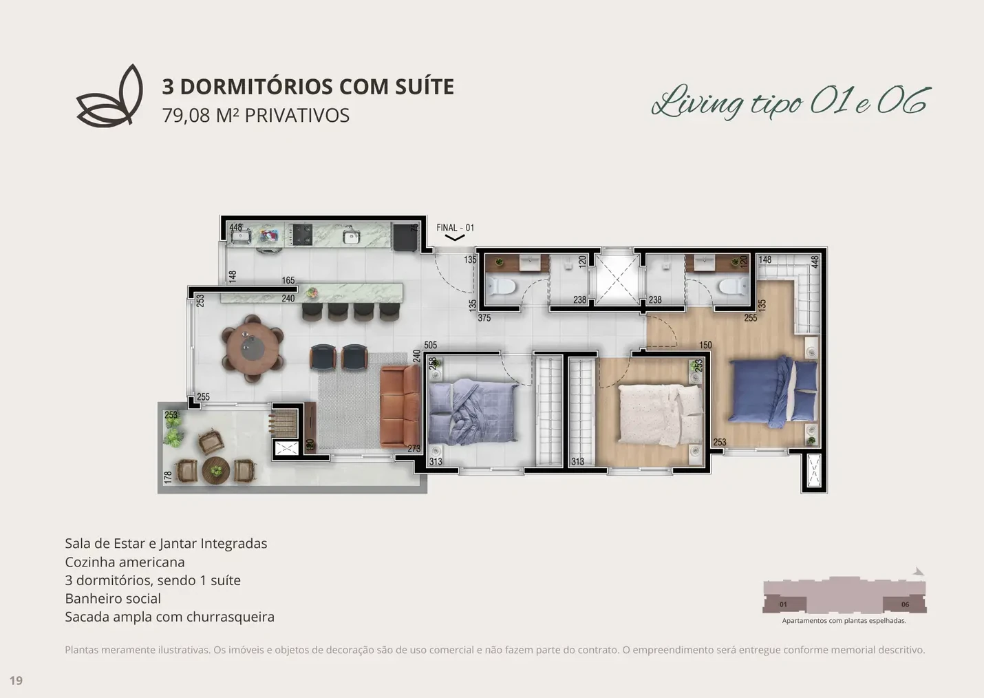 Planta com 3 dormitórios do tipo 01/06 do Residencial Tannat